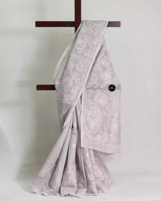 Lavender Gray Kota Saree with Floral Applique Work – Elegant Ethnic Wear