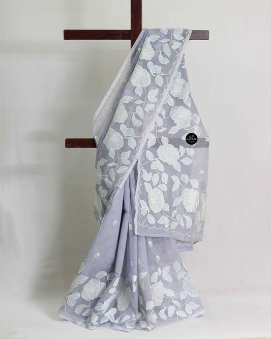 Light Blue Gray Kota Saree with Floral Applique Work – Elegant Ethnic Wear