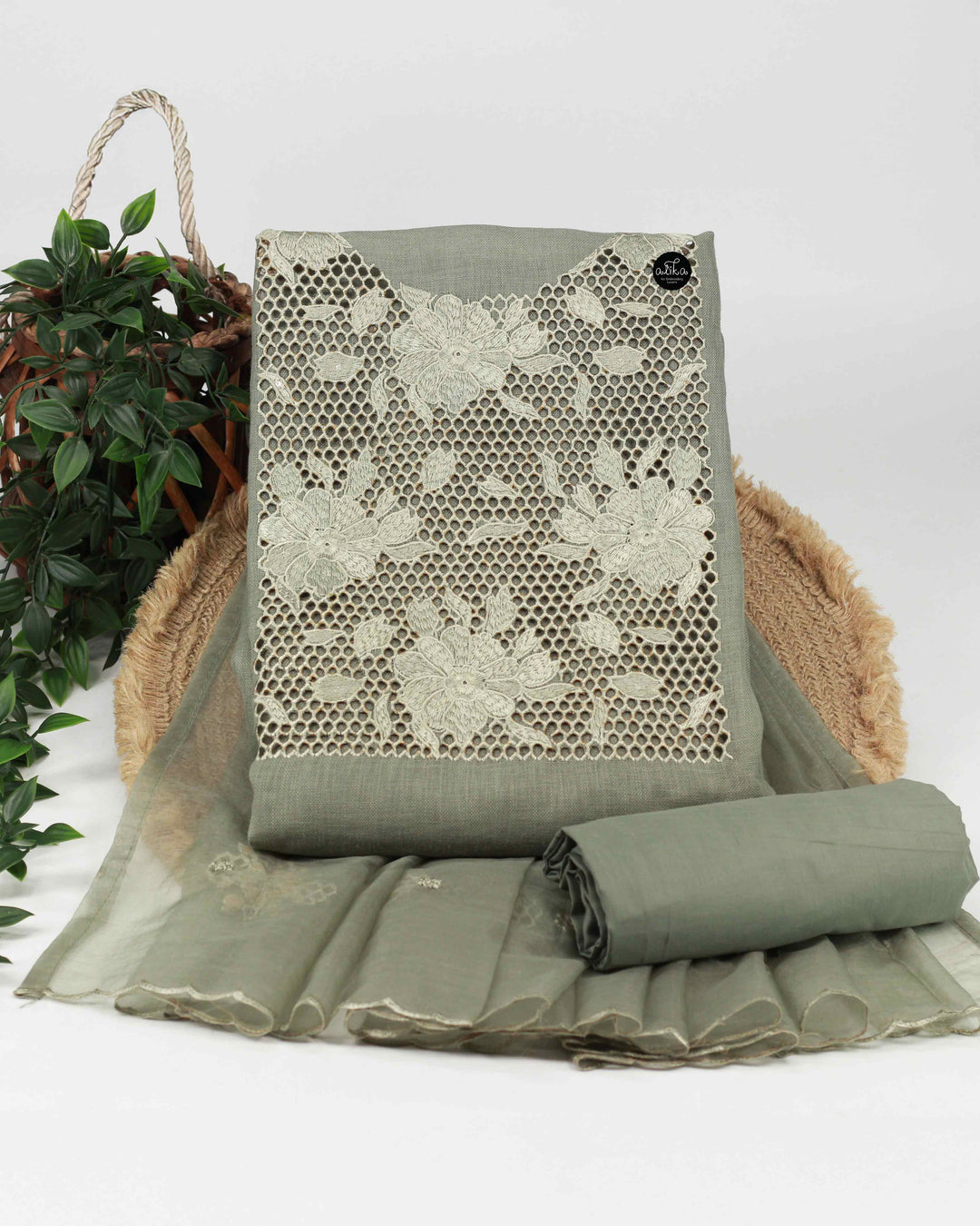 Sage Green Linen Unstitched Salwar Suit with Floral Cutwork