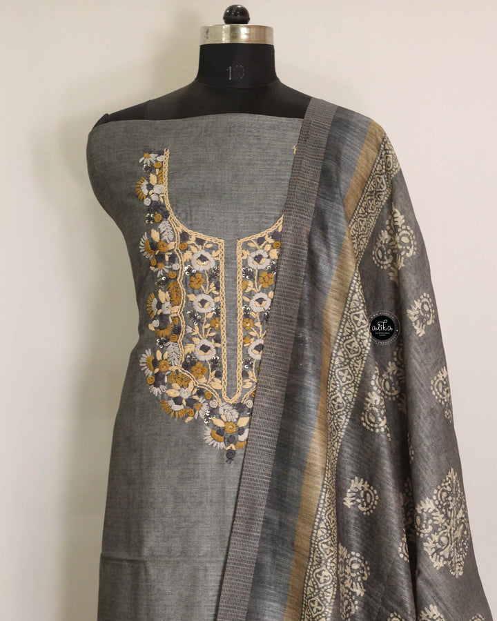 Charcoal Gray Semi Silk Unstitched Salwar Set with Floral Hand Embroidery