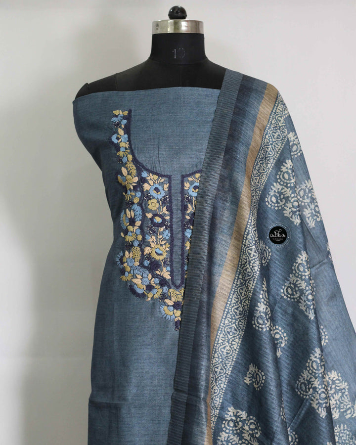 Dark Ash Blue Semi Silk Unstitched Salwar Set with Floral Hand Embroidery