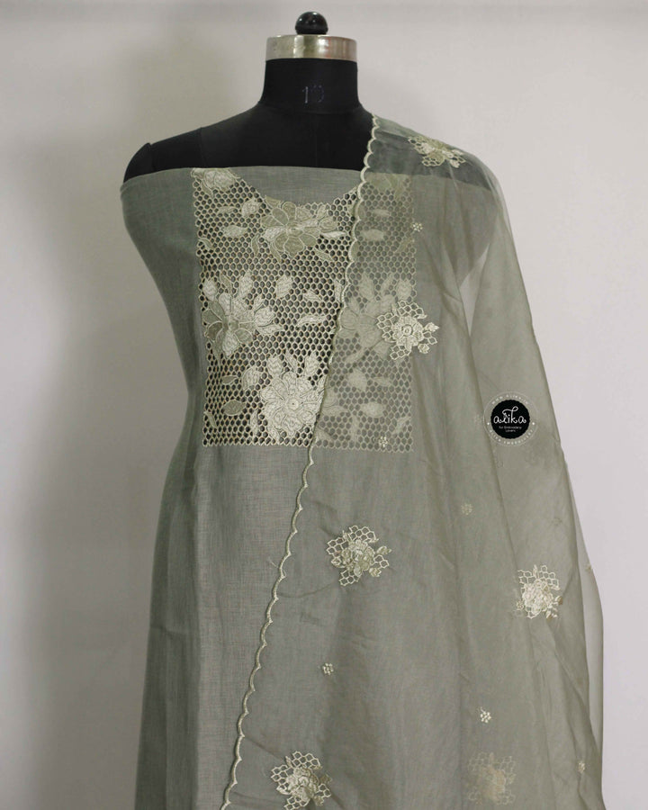 Sage Green Linen Unstitched Salwar Suit with Floral Cutwork