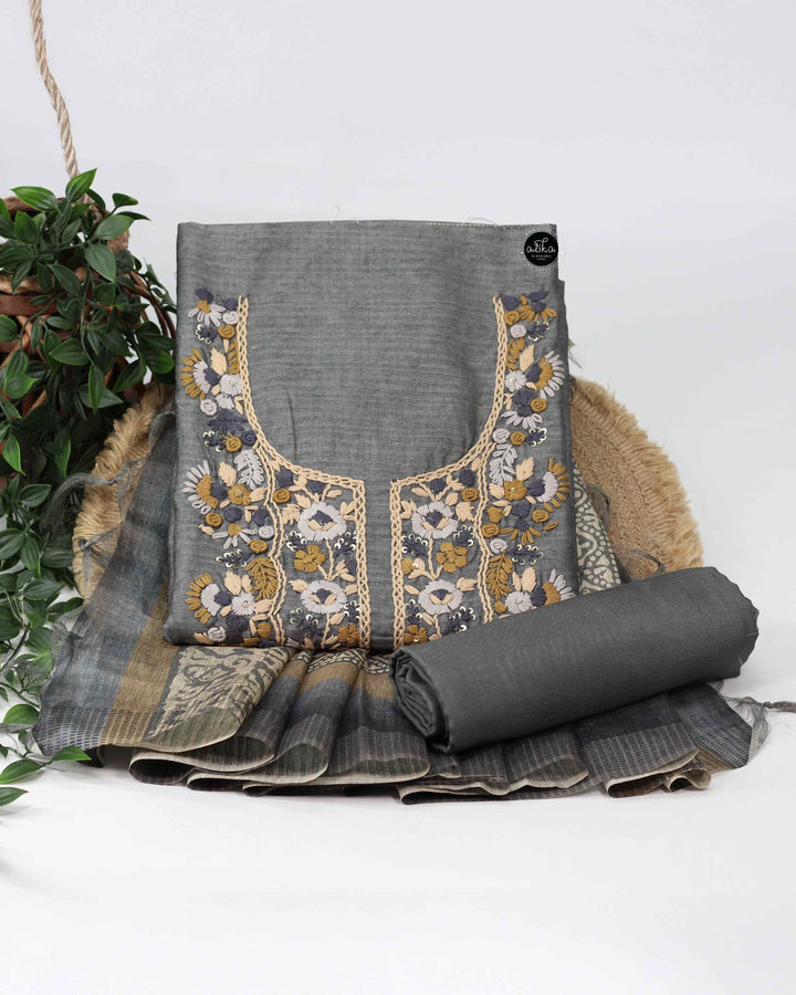 Charcoal Gray Semi Silk Unstitched Salwar Set with Floral Hand Embroidery