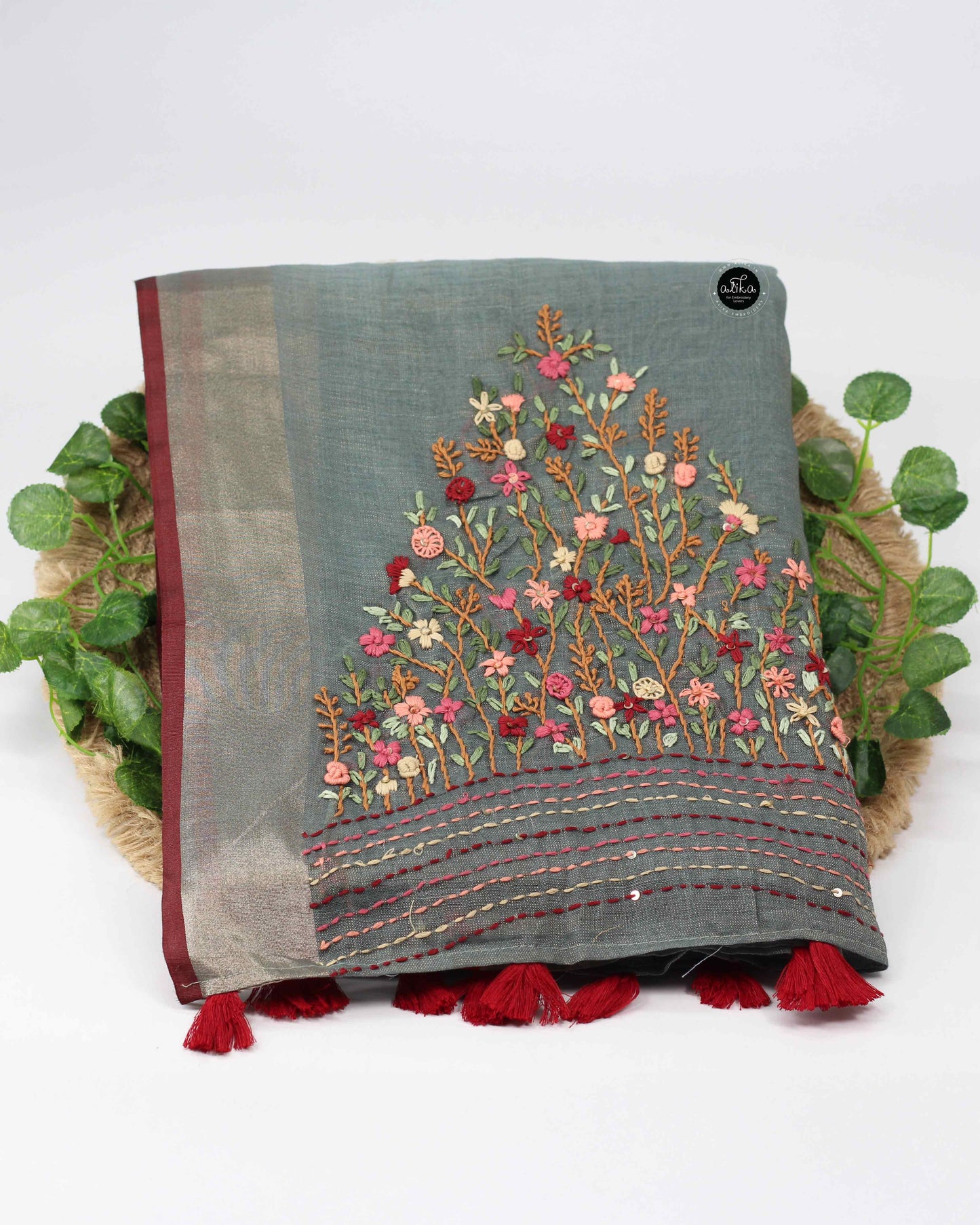 Ocean Green Tissue Linen Saree with Floral Hand Embroidery – Luxury Wear