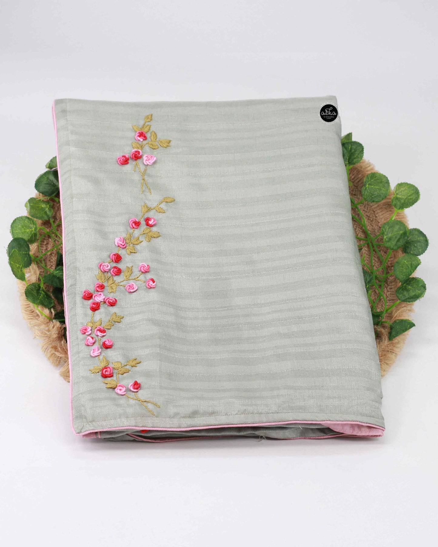 Green Tinted Gray Semi Silk Saree with Floral Hand Embroidery – Elegant Festive Wear