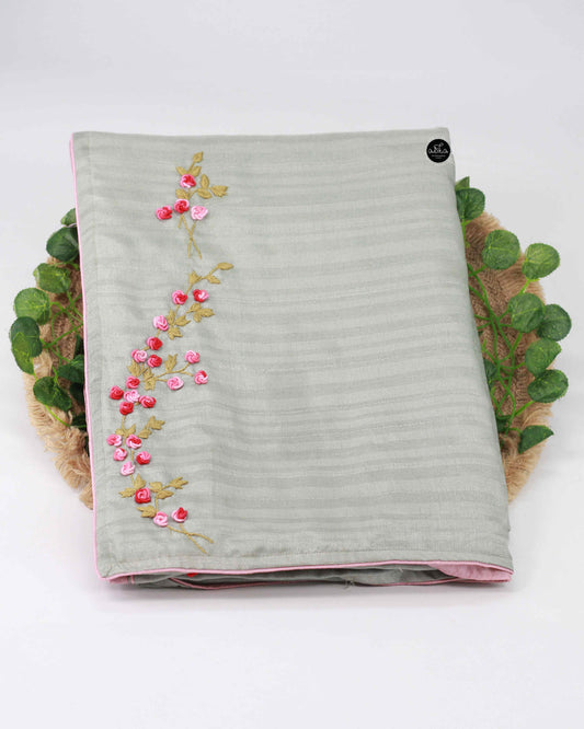 Green Tinted Gray Semi Silk Saree with Floral Hand Embroidery – Elegant Festive Wear