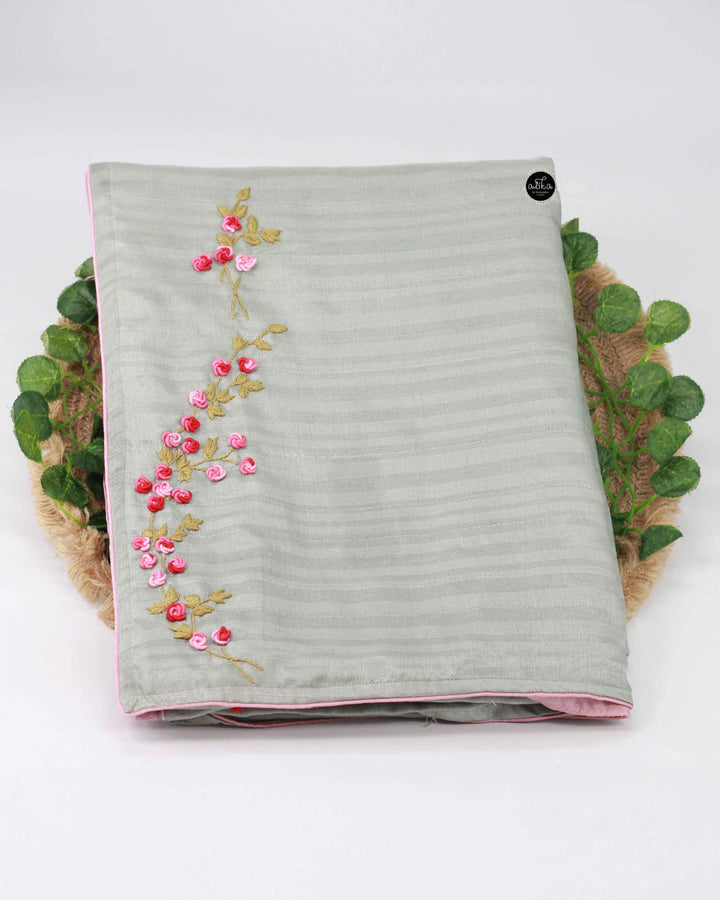 Green Tinted Gray Semi Silk Saree with Floral Hand Embroidery
