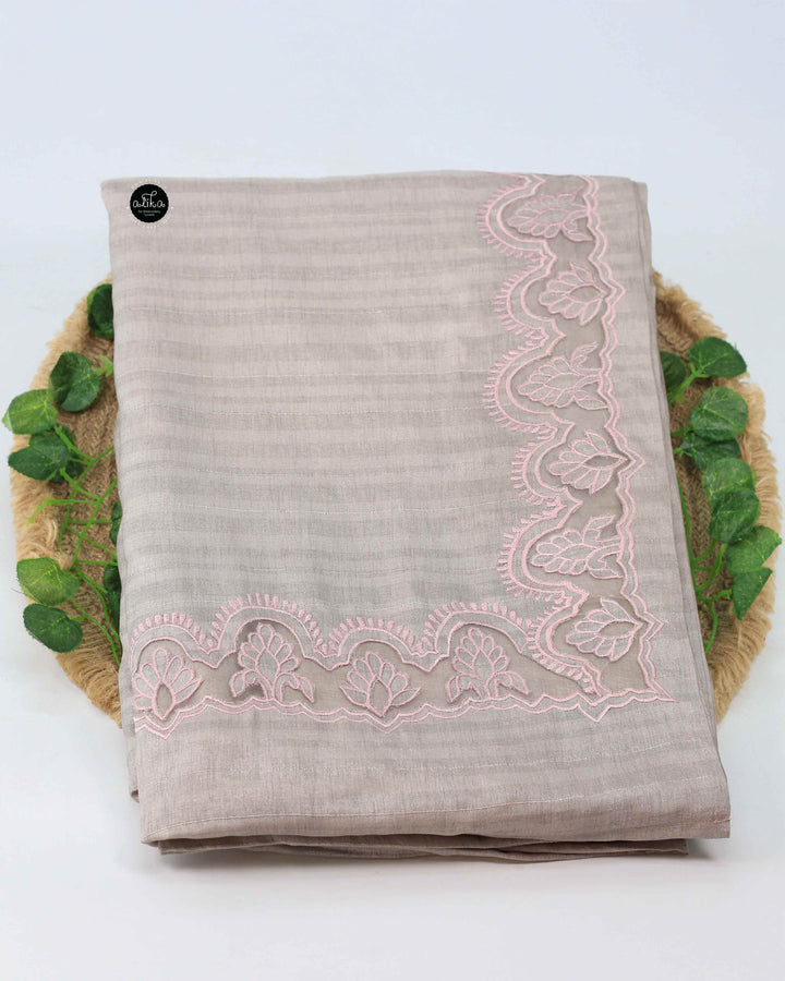 Tan Beige Semi Silk Saree with Floral Appliqué Border