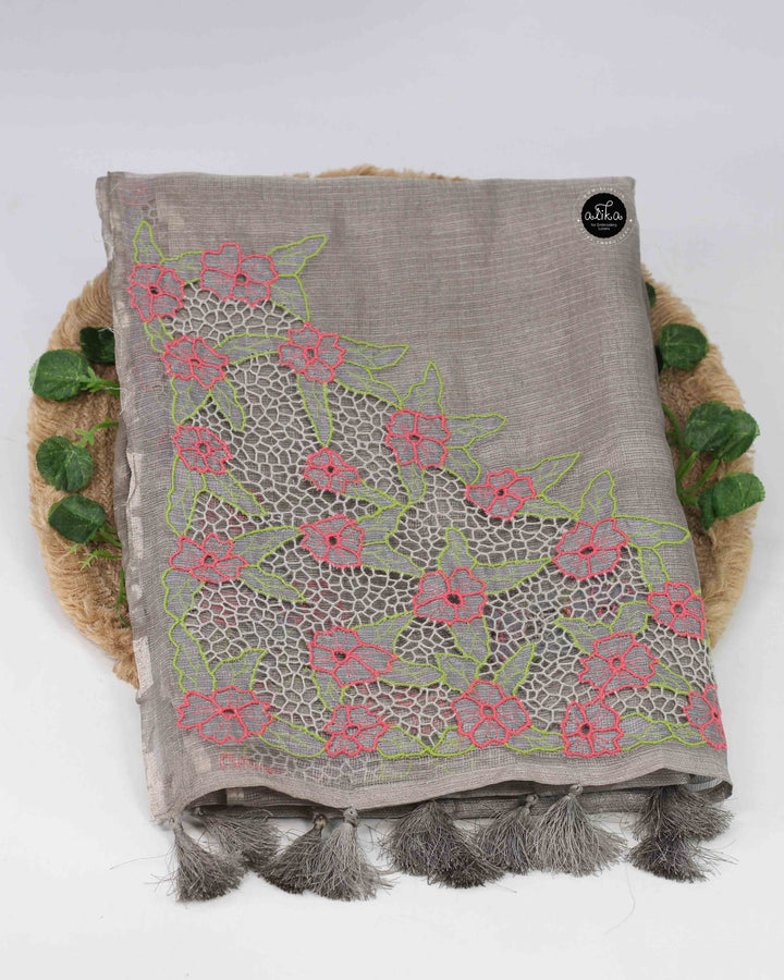 Pure Silver Tissue Saree with Floral Twine Cutwork