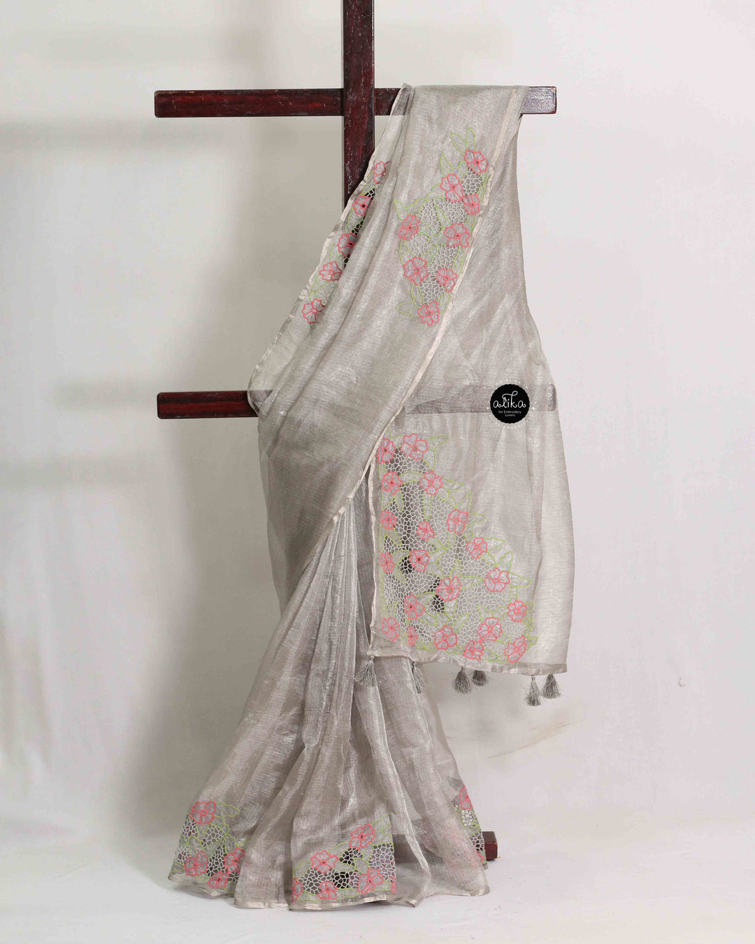 Pure Silver Tissue Saree with Floral Twine Cutwork