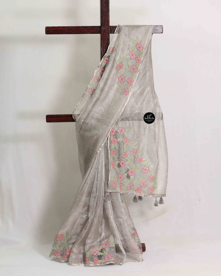 Pure Silver Tissue Saree with Floral Twine Cutwork