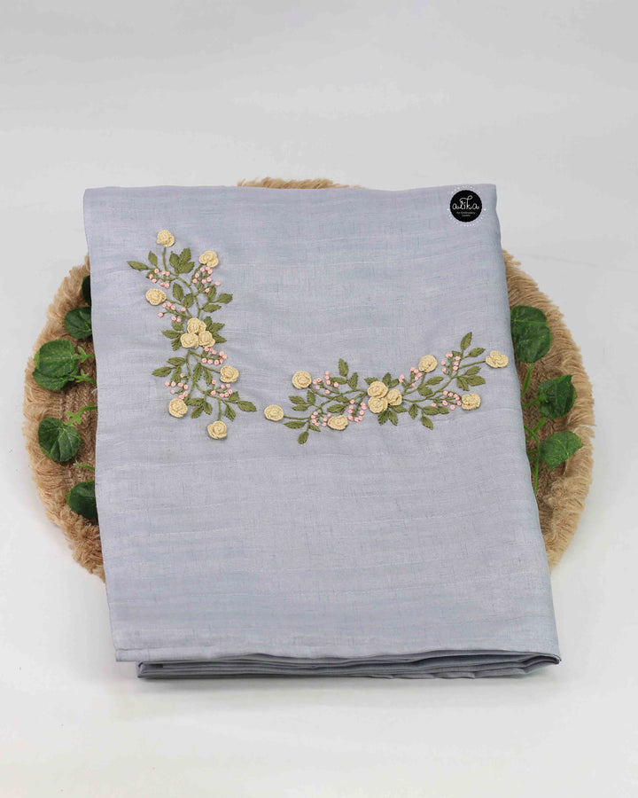 Grey Semi Silk Saree with Floral Hand Embroidery