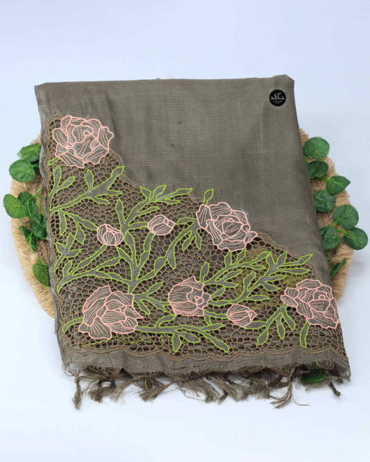 Olive Green Semi Tussar Silk Saree with Floral Twine Cutwork Embroidery
