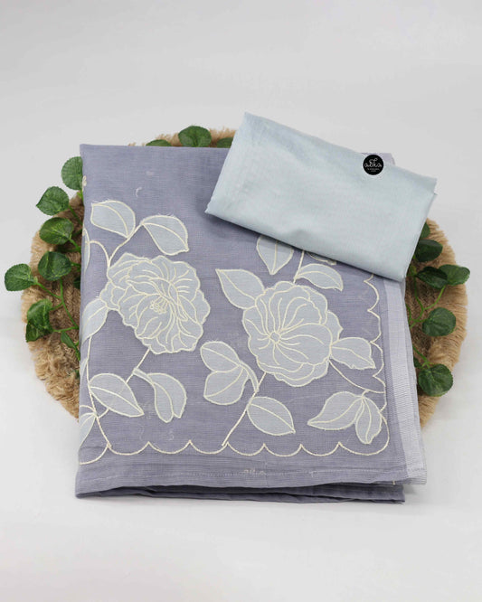 Light Blue Gray Kota Saree with Floral Applique Work – Elegant Ethnic Wear