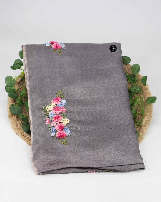 Gray Crispy Georgette Saree with Floral Hand Embroidery – Elegant Draped Wear