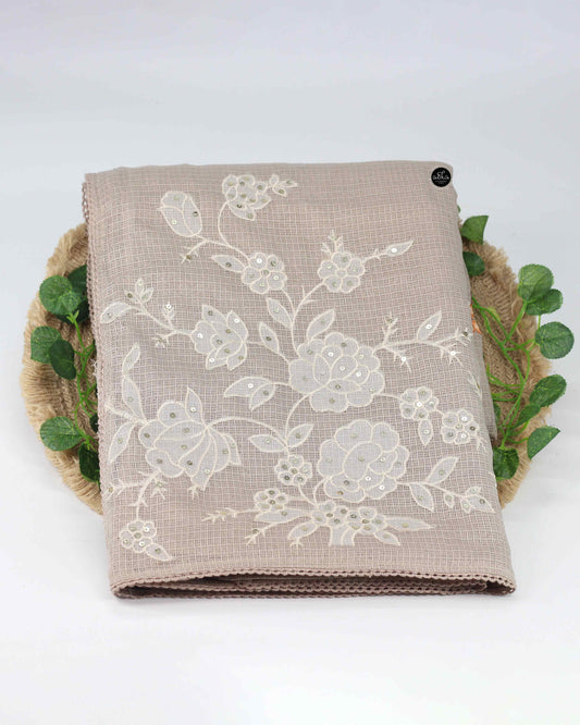 Tan Beige Silky Kota Saree with Floral Machine Embroidery & Sequin Work