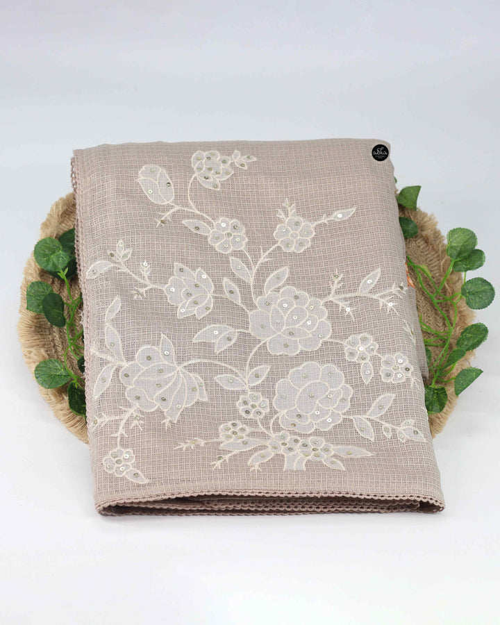 Tan Beige Silky Kota Saree with Floral Machine Embroidery &amp; Sequin Work
