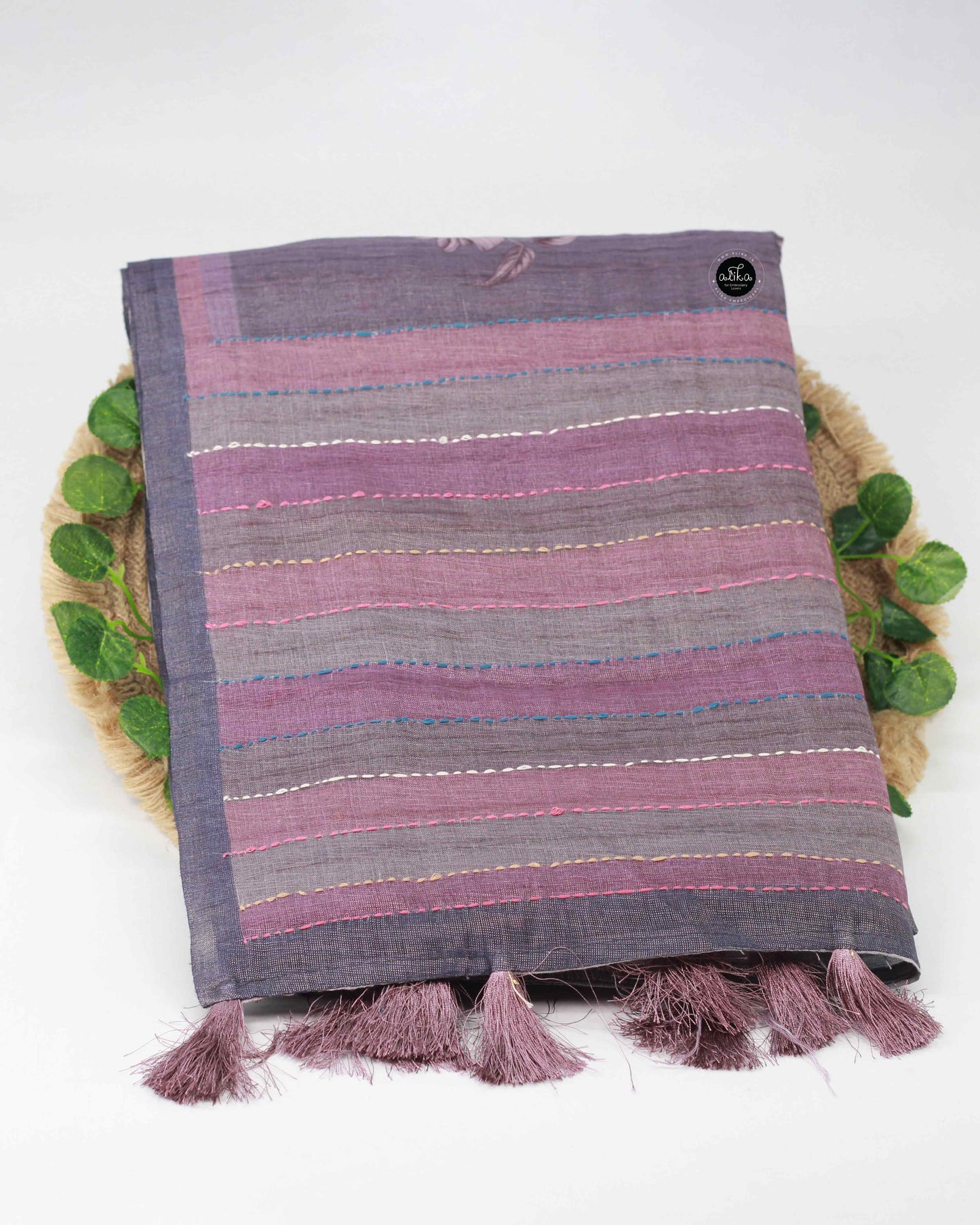 Matte Purple Linen Tissue Saree with Floral Prints & Kantha Work – Handcrafted Elegance