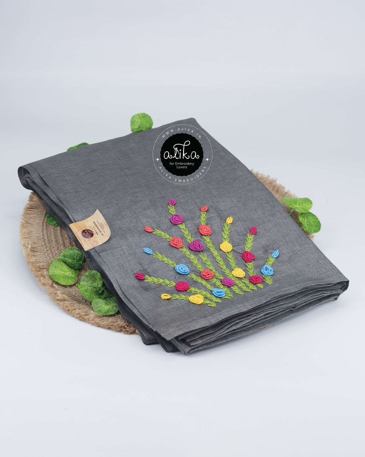 Grey Semi-Silk Saree with Bullion Hand Embroidery