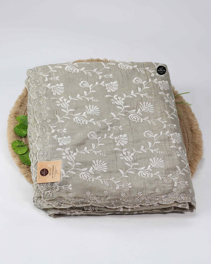 Gray Crushed Silk Saree with Floral Embroidery and Full Border Bead Work