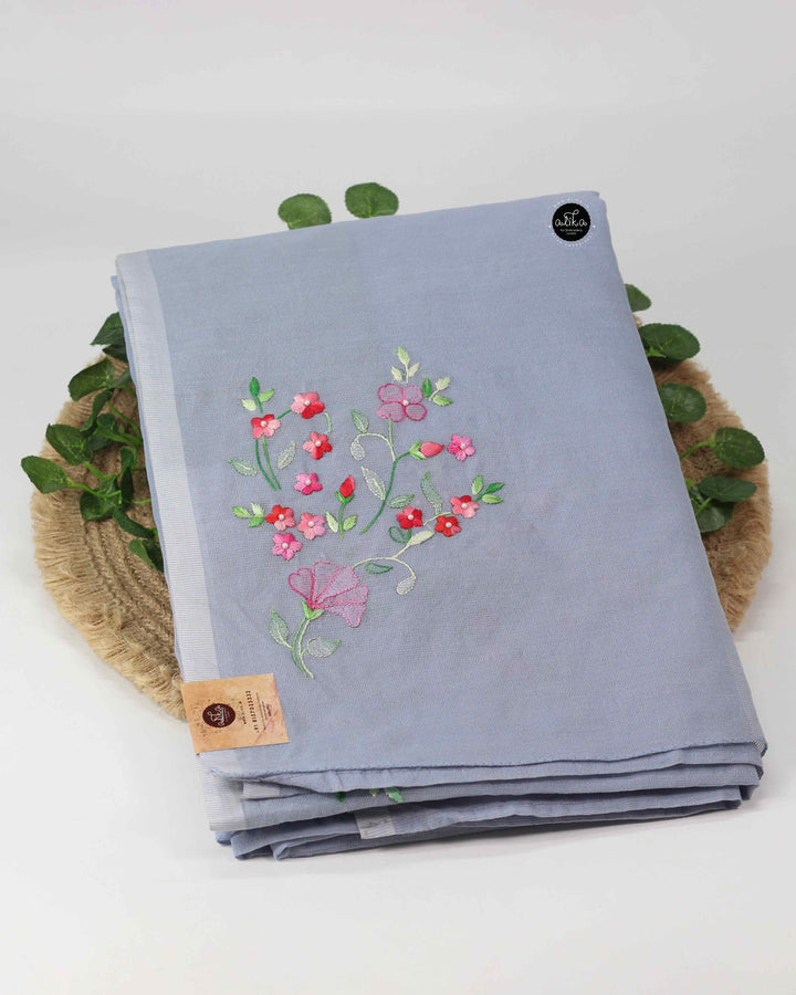 Gray Kota Saree with Floral Shadow Embroidery