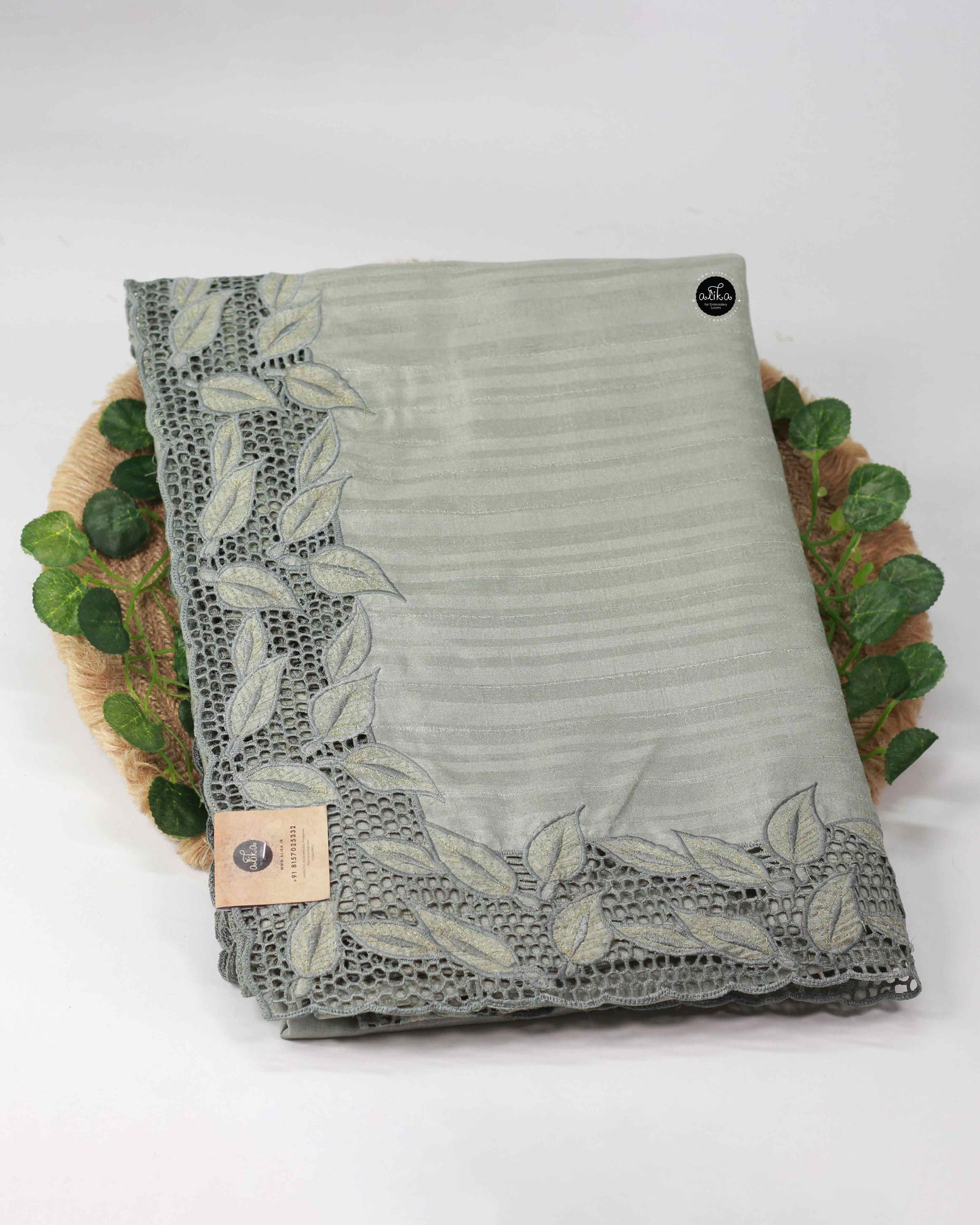Light Grey Semi Silk Saree with Floral Full Border Cutwork