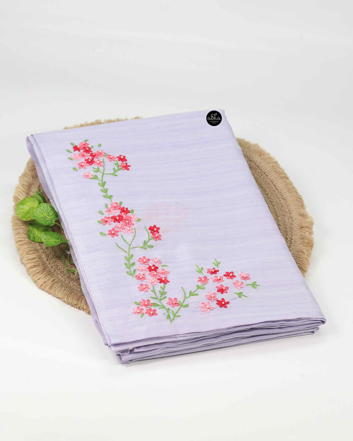 Lavender Mist Semi Silk Saree with Lazy Daisy Hand Embroidery &amp; Bead Work – Ethereal Elegance