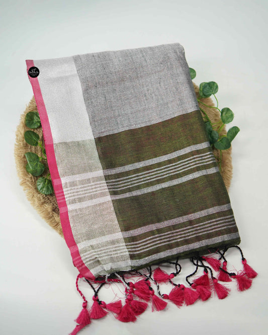 Olive Green Pure Linen Saree with Zari Work and Sliver Border