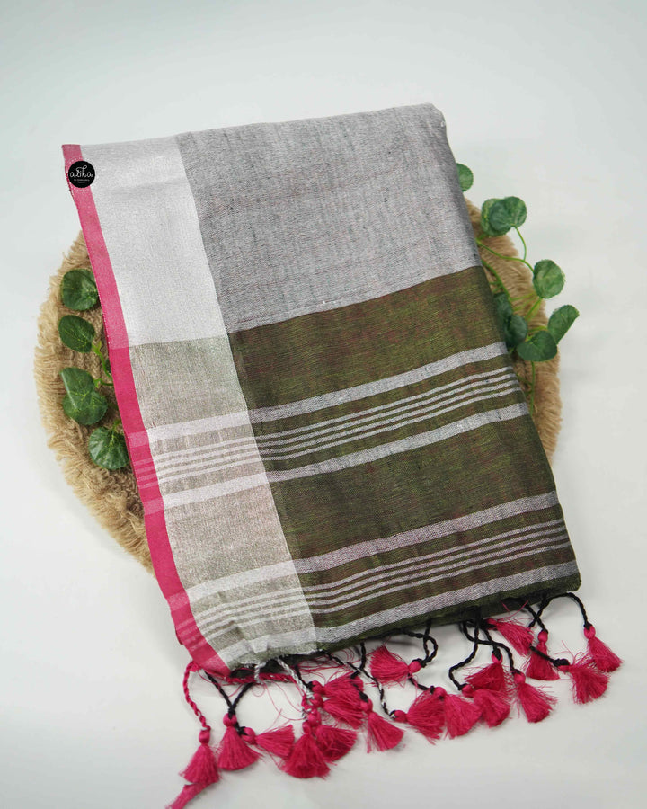 Olive Green Pure Linen Saree with Zari Work and Sliver