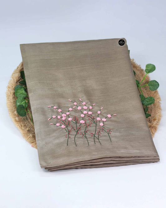 Bronze Olive Semi Silk Saree with Floral Hand Embroidery