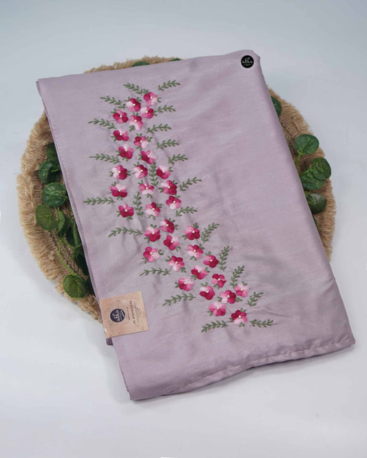 Lavender Semi Silk Saree with Floral Hand Embroidery And Bead work