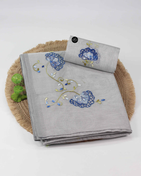 Grey Kota Saree with Floral Cutwork Embroidery