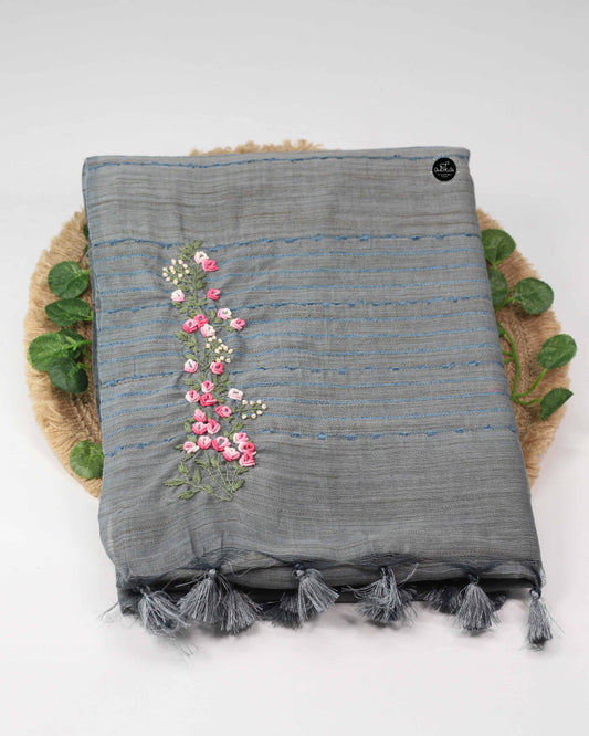 Ash Blue Semi Linen Saree with Floral Hand Embroidery