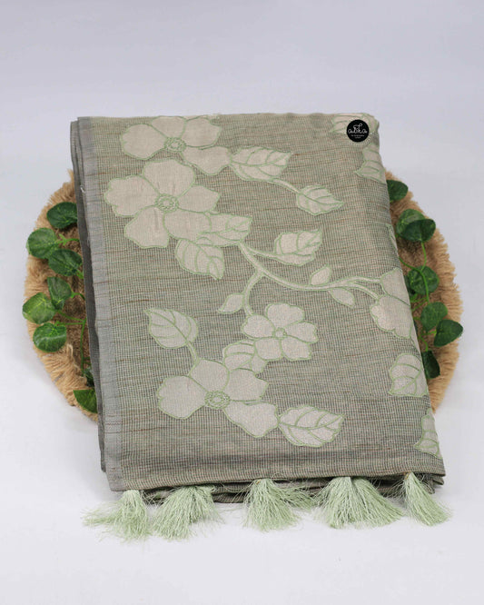 Grey Green Semi Tissue Saree with Floral Appliqué Work – Luxury Designer Wear