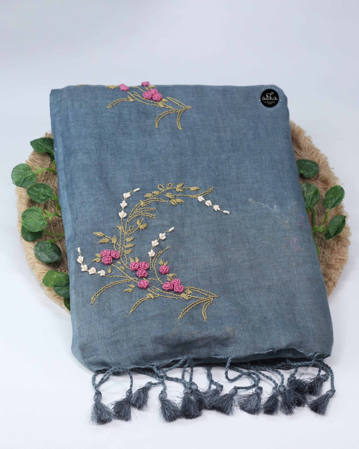 Greyish Blue Pure Linen Saree with Floral Hand Embroidery