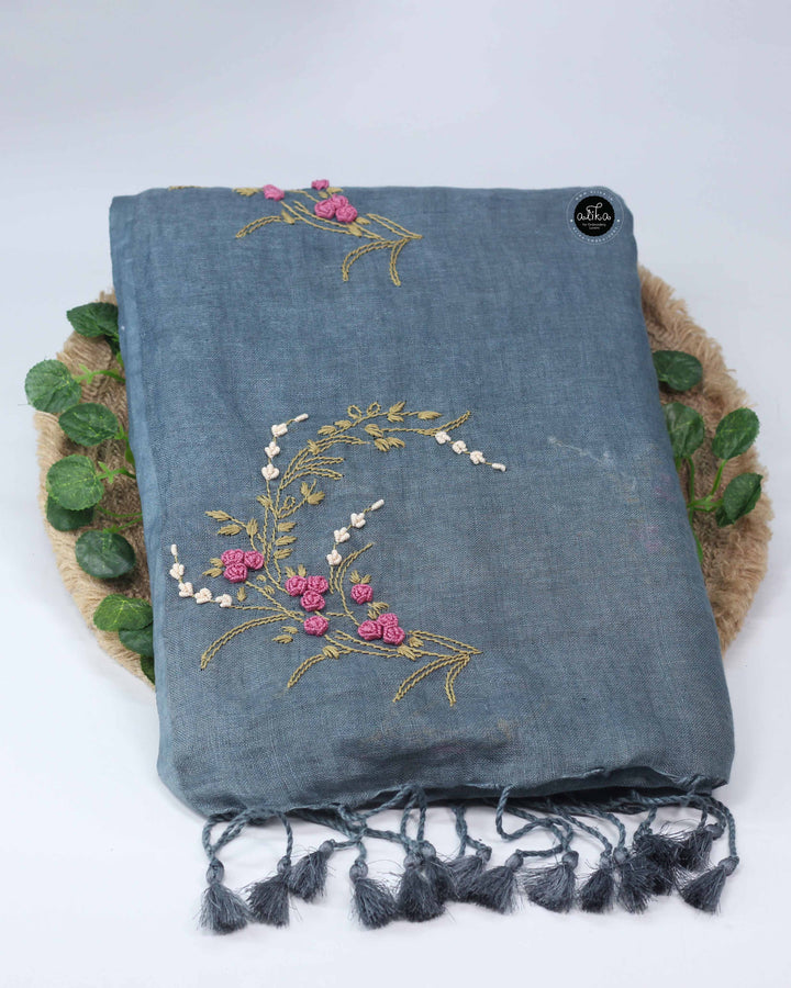 Greyish Blue Pure Linen Saree with Floral Hand Embroidery