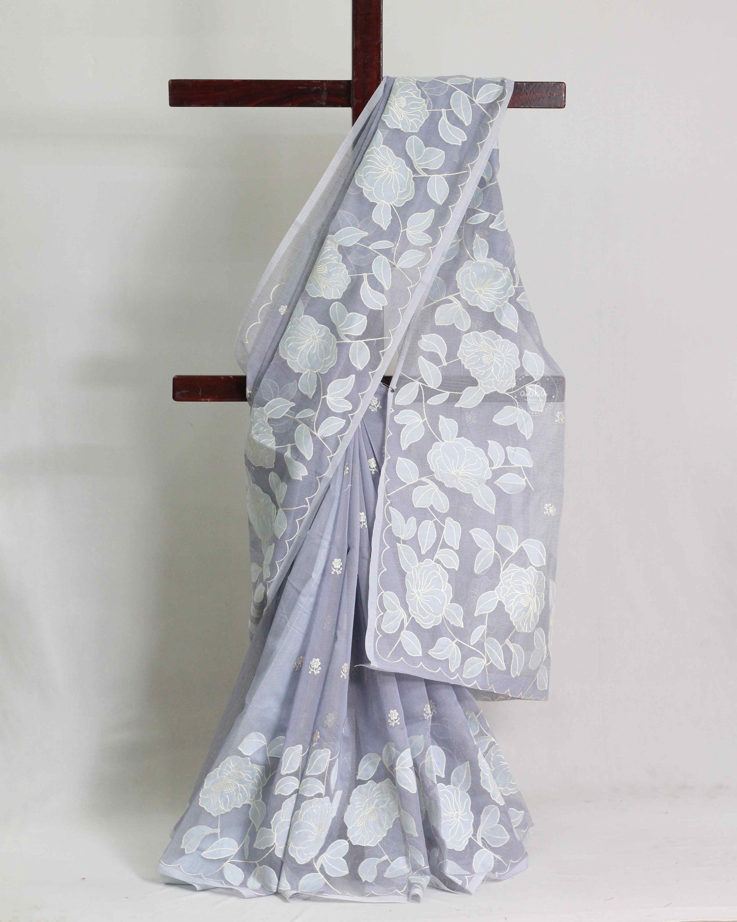 Light Blue Gray Kota Saree with Floral Applique Work – Elegant Ethnic Wear