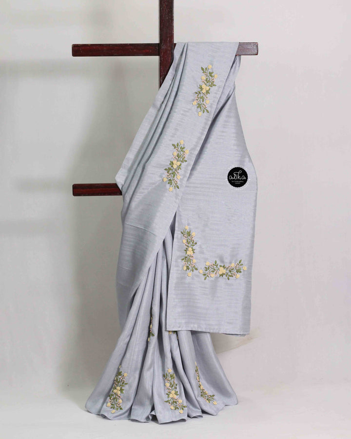 Grey Semi Silk Saree with Floral Hand Embroidery