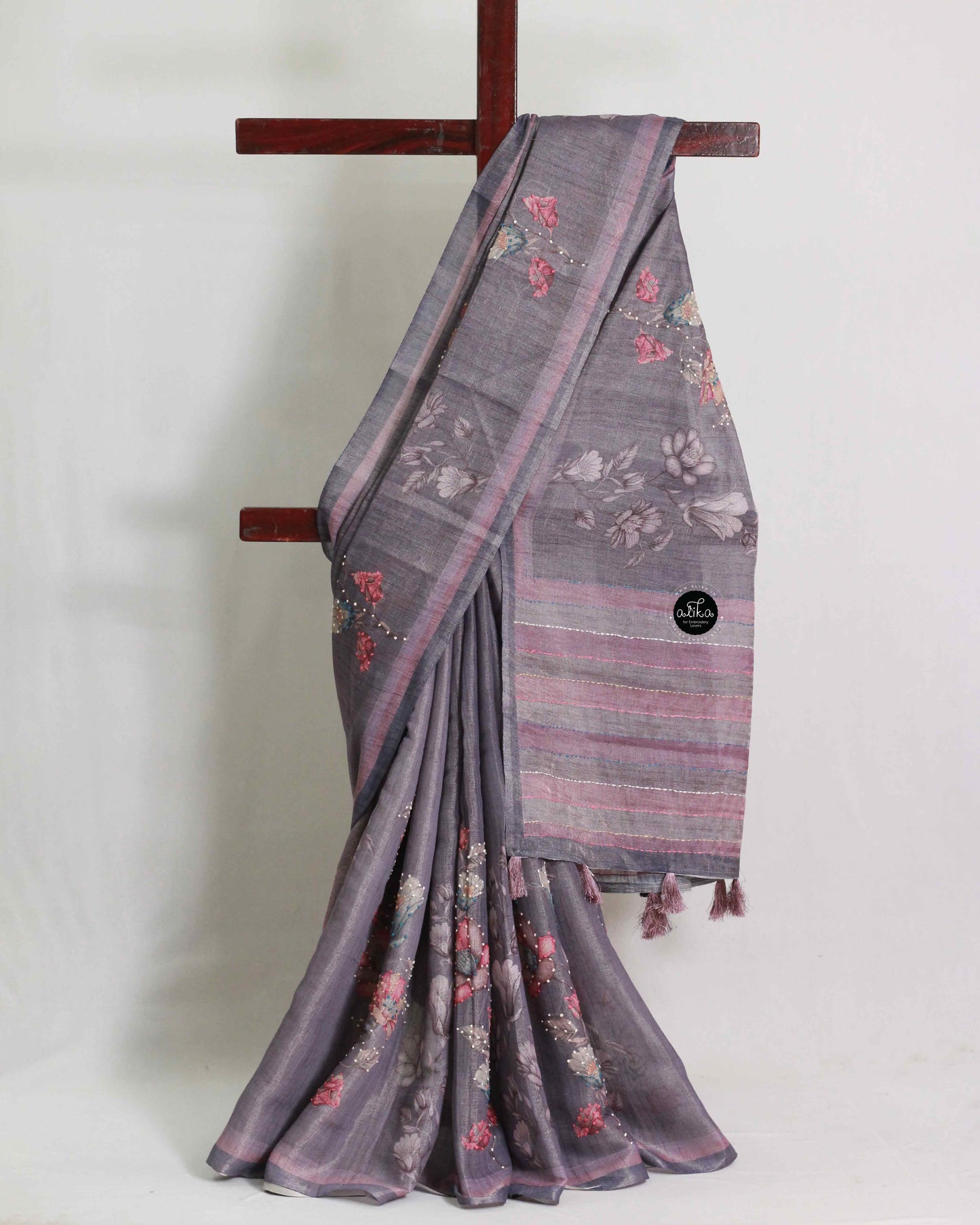 Matte Purple Linen Tissue Saree with Floral Prints & Kantha Work – Handcrafted Elegance