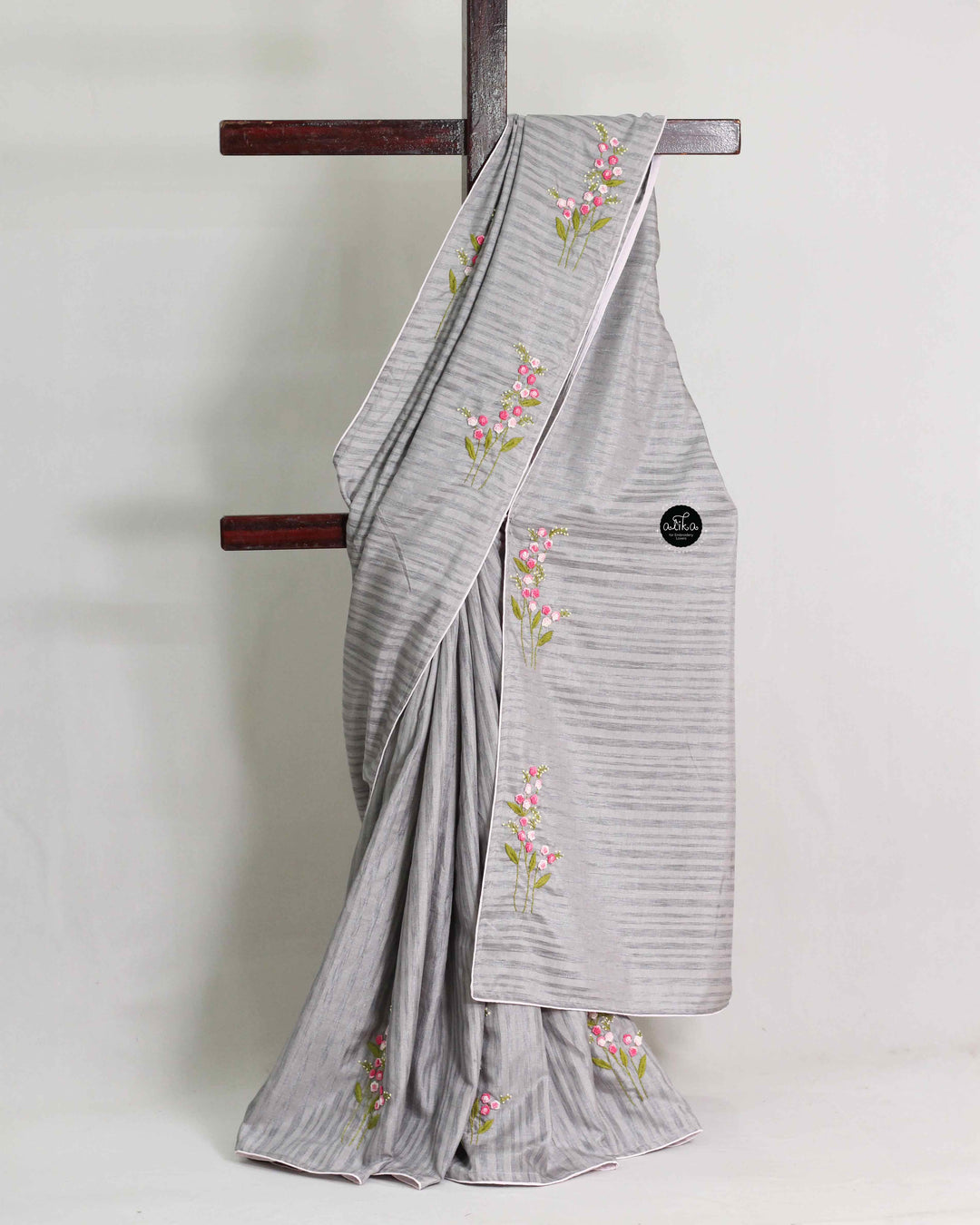 Light Gray Semi Silk Saree with Floral Hand Embroidery