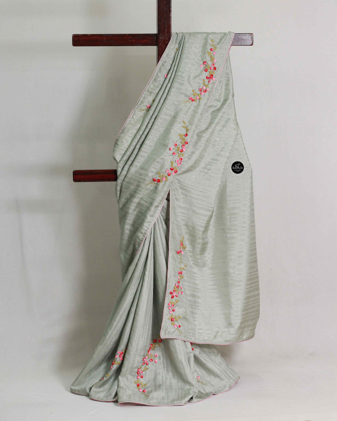 Green Tinted Gray Semi Silk Saree with Floral Hand Embroidery