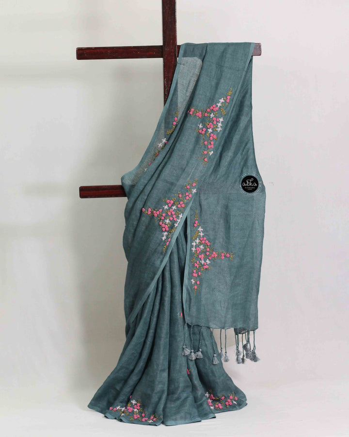 Bluish Gray Pure Linen Saree with Floral Hand Embroidery