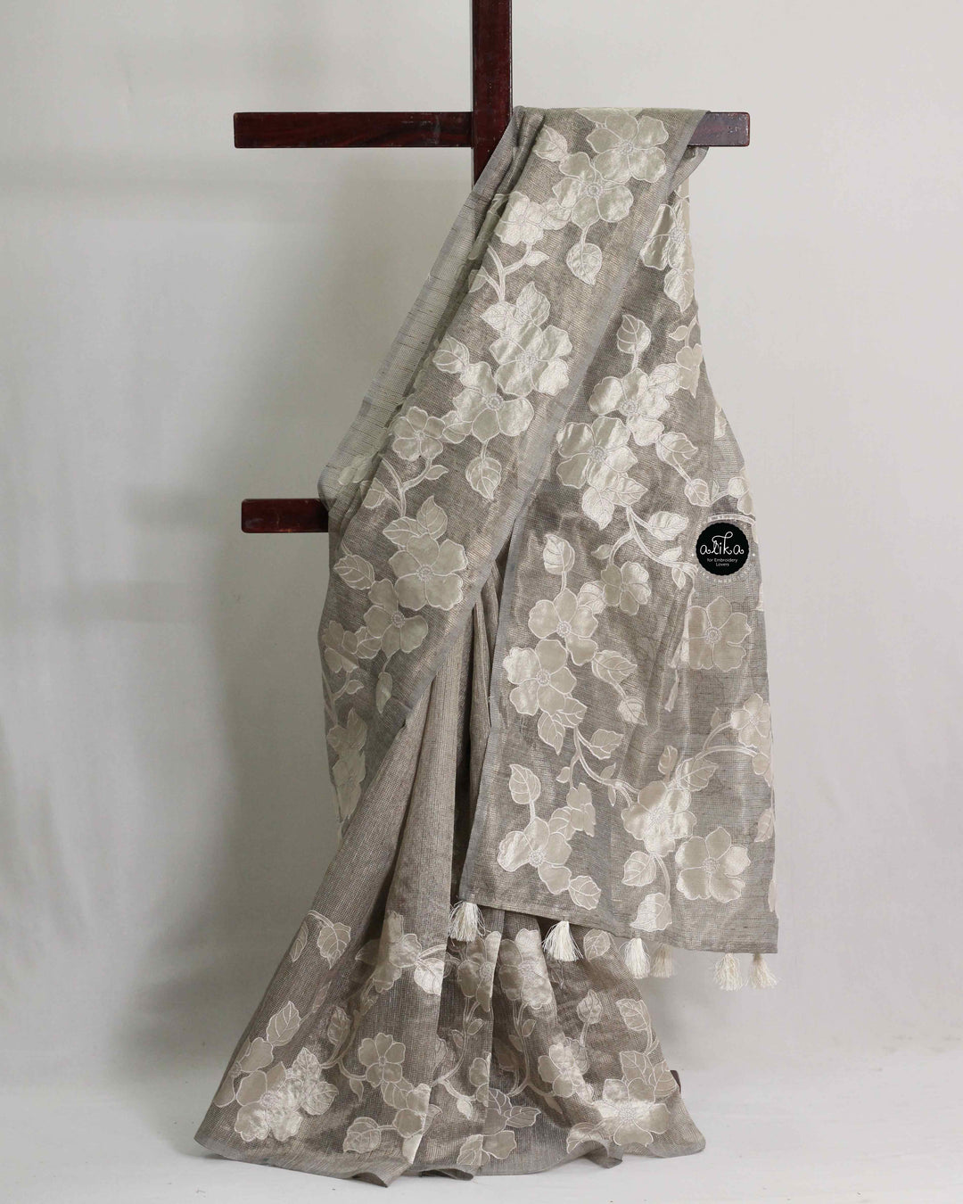 Grey Semi Tissue Saree with Floral Appliqué Work