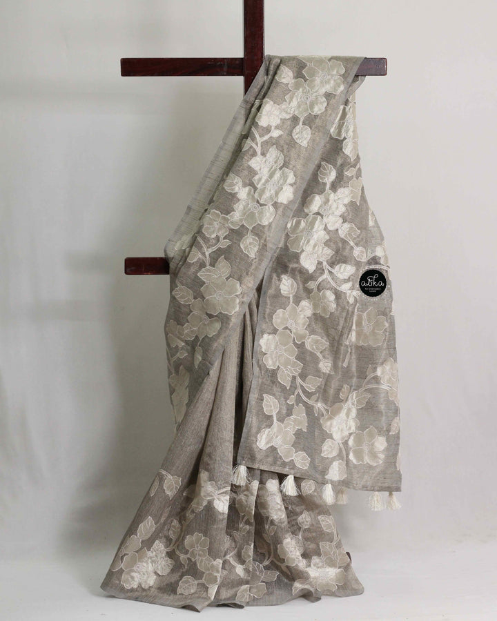 Grey Semi Tissue Saree with Floral Appliqué Work