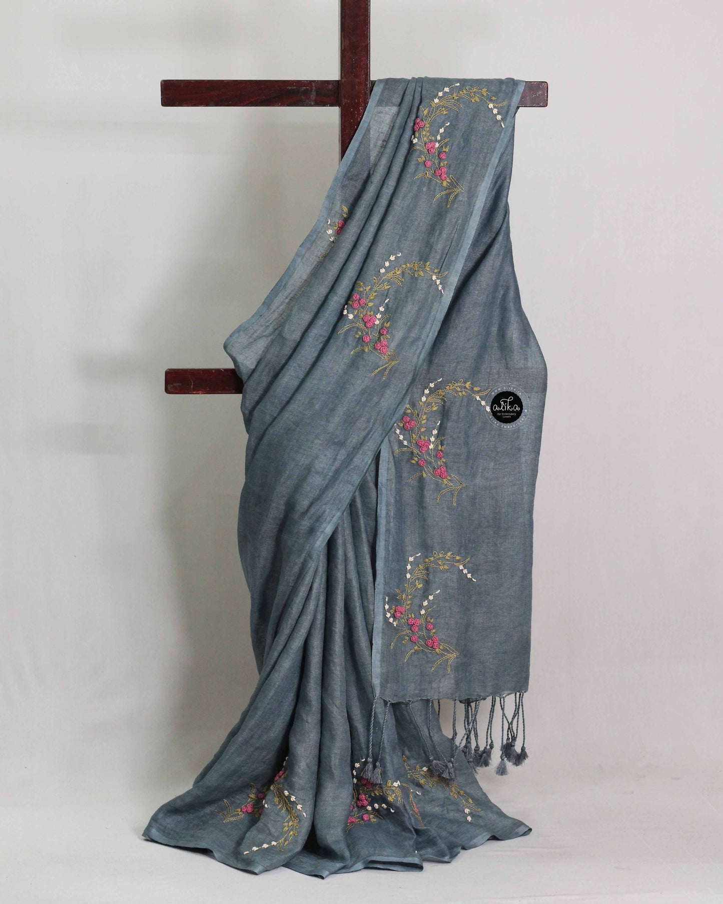 Greyish Blue Pure Linen Saree with Floral Hand Embroidery