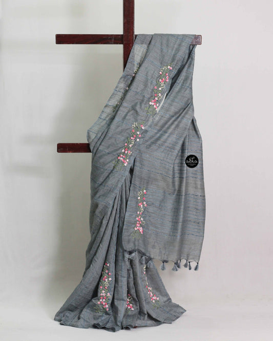 Ash Blue Semi Linen Saree with Floral Hand Embroidery
