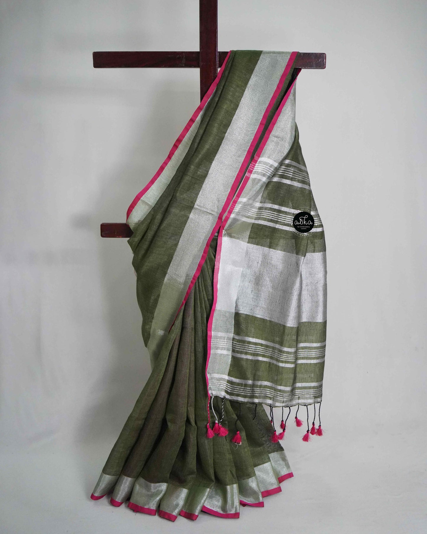 Olive Green Pure Linen Saree with Zari Work and Sliver Border
