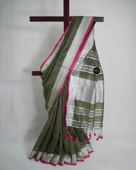 Olive Green Pure Linen Saree with Zari Work and Sliver Border