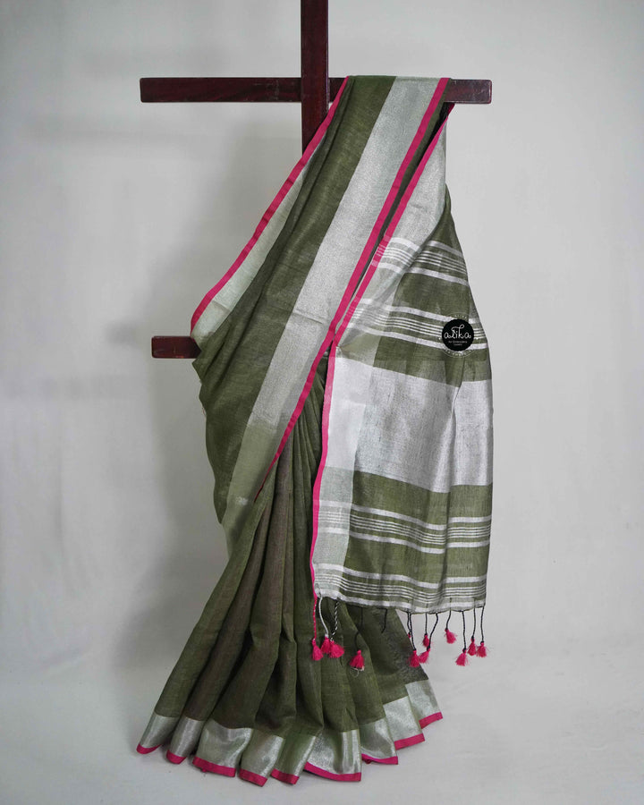 Olive Green Pure Linen Saree with Zari Work and Sliver