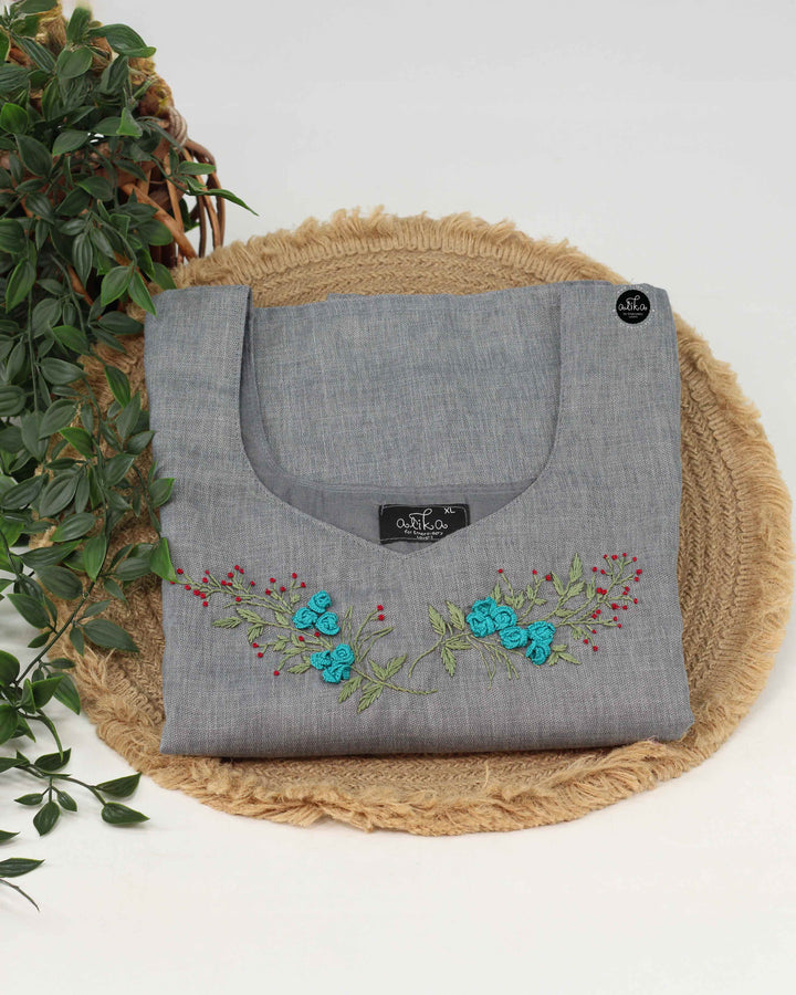 Gray Semi-Linen Stitched Kurti with Floral Hand Embroidery on Neckline &amp; Sleeves